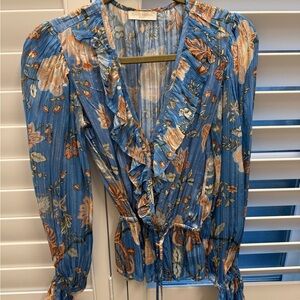 Ramy Brook Blue Floral Ruffle Blouse